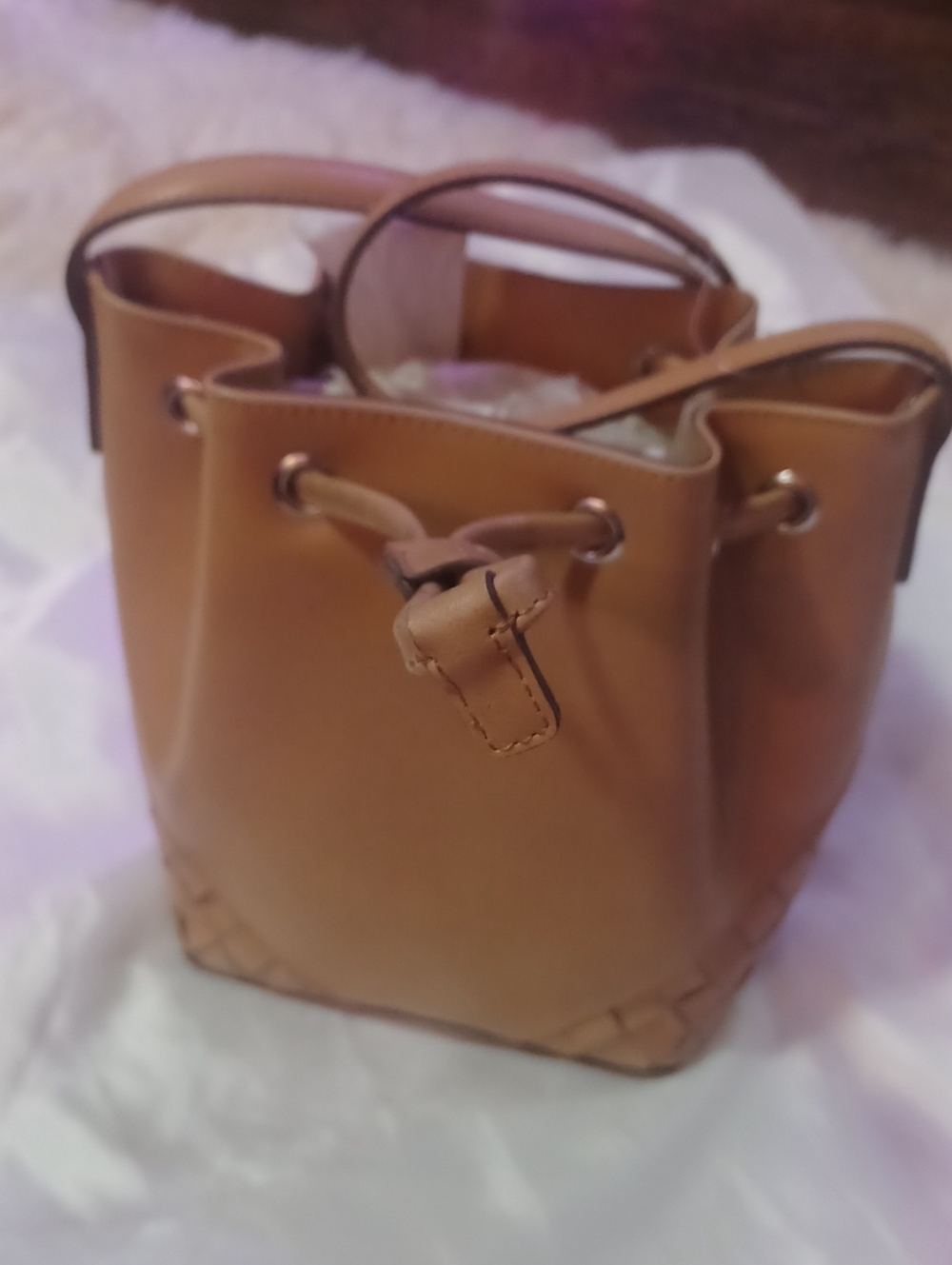 NINE WEST Camel Leather Drawstring Bucket Bag